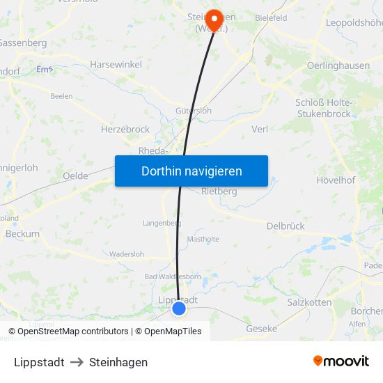 Lippstadt to Steinhagen map
