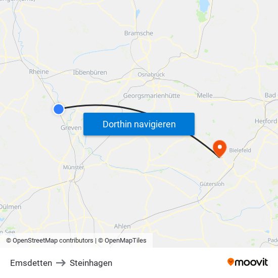 Emsdetten to Steinhagen map