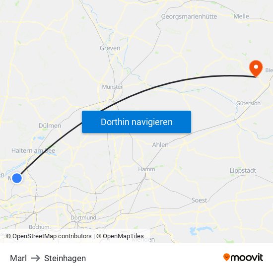 Marl to Steinhagen map