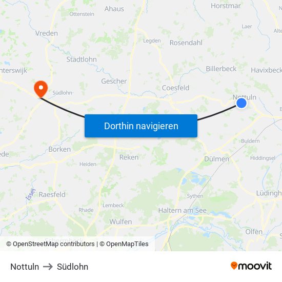 Nottuln to Südlohn map