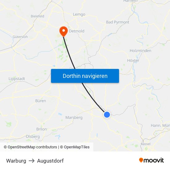 Warburg to Augustdorf map