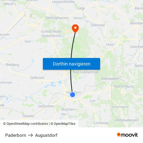 Paderborn to Augustdorf map