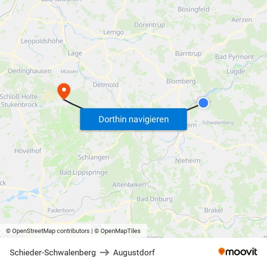 Schieder-Schwalenberg to Augustdorf map