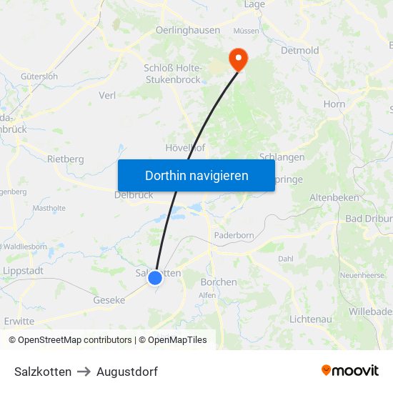 Salzkotten to Augustdorf map