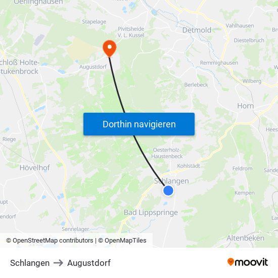 Schlangen to Augustdorf map