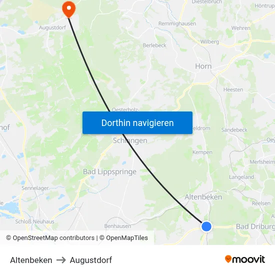 Altenbeken to Augustdorf map