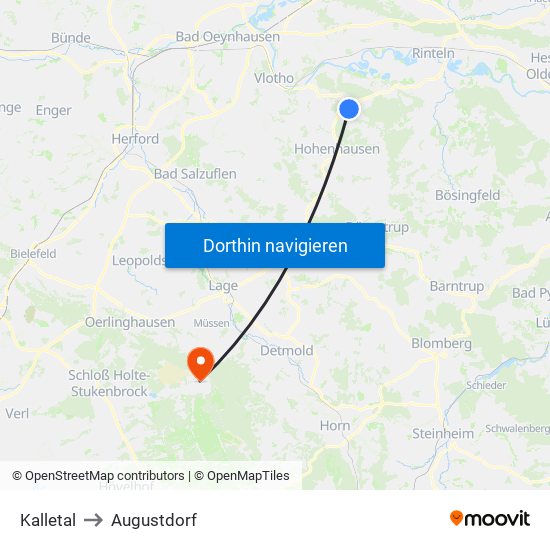 Kalletal to Augustdorf map