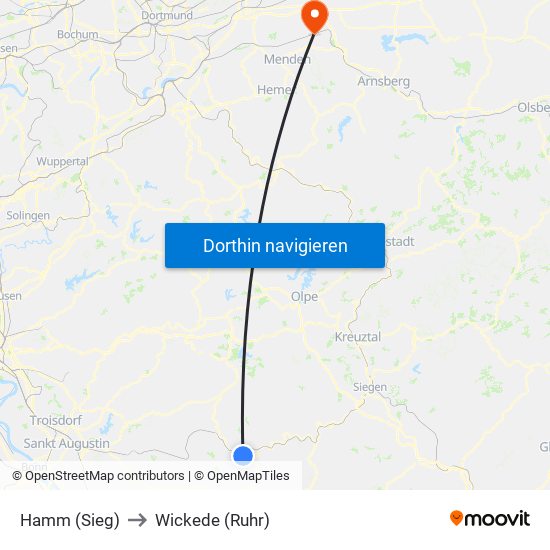 Hamm (Sieg) to Wickede (Ruhr) map