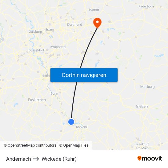 Andernach to Wickede (Ruhr) map