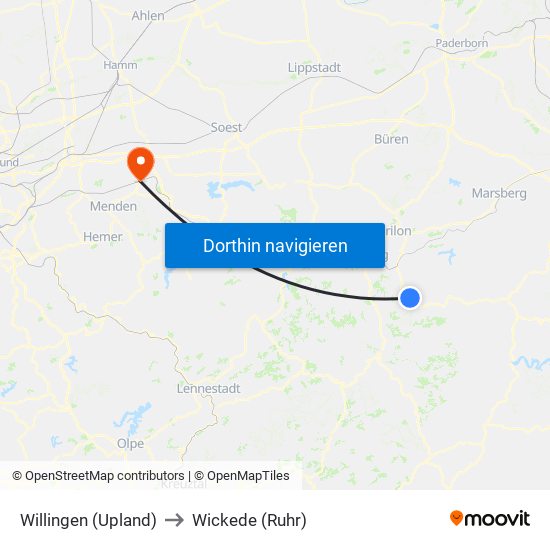 Willingen (Upland) to Wickede (Ruhr) map