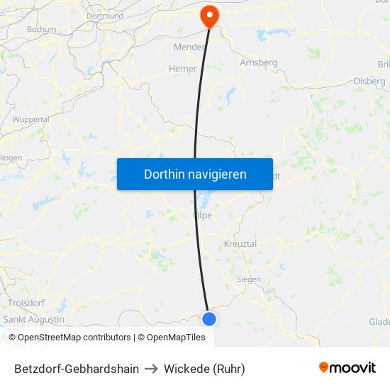 Betzdorf-Gebhardshain to Wickede (Ruhr) map