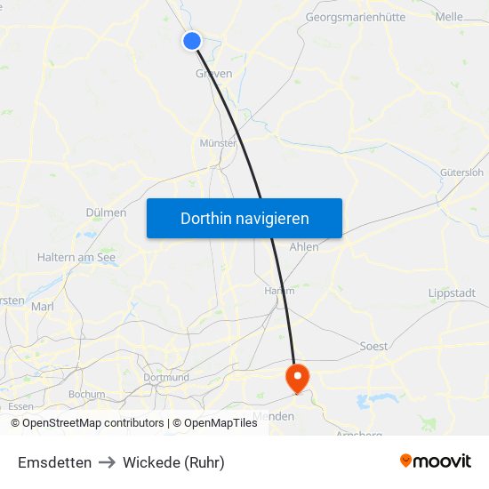 Emsdetten to Wickede (Ruhr) map