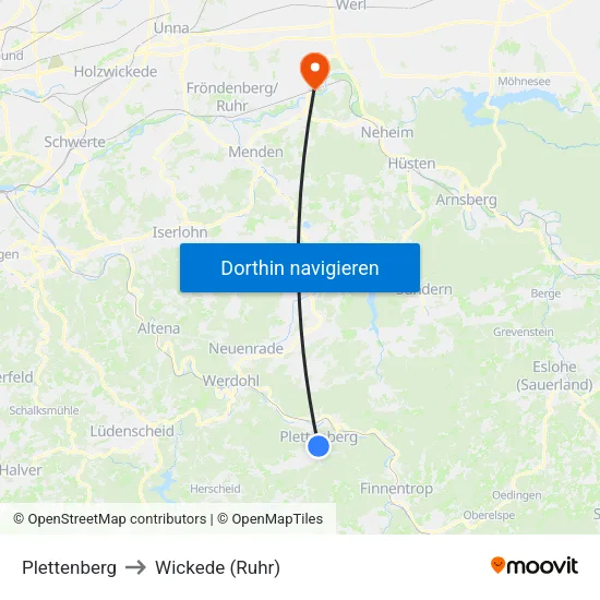 Plettenberg to Wickede (Ruhr) map