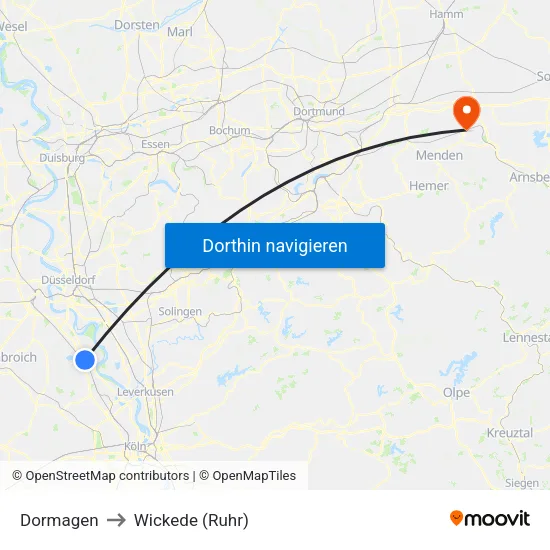 Dormagen to Wickede (Ruhr) map