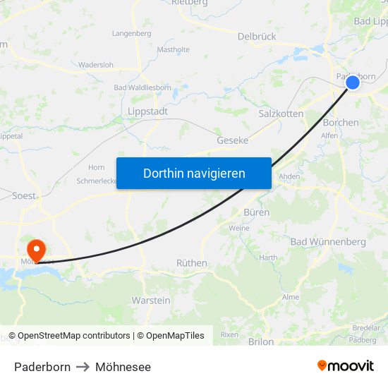 Paderborn to Möhnesee map