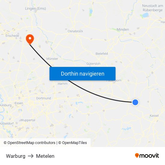 Warburg to Metelen map