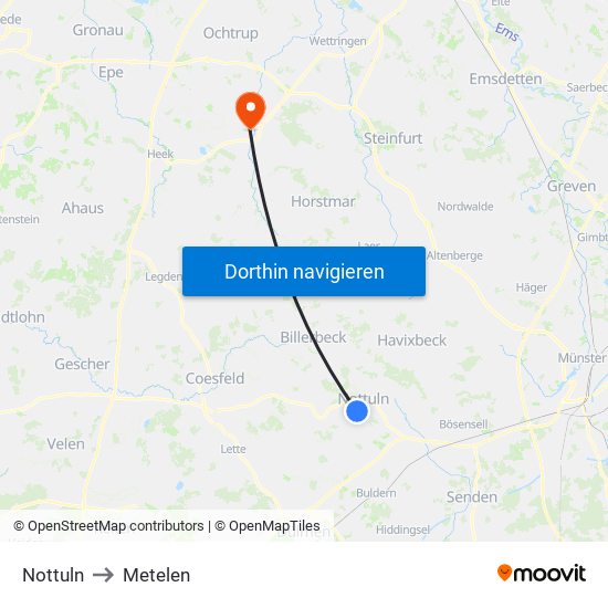 Nottuln to Metelen map