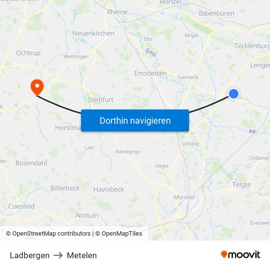 Ladbergen to Metelen map
