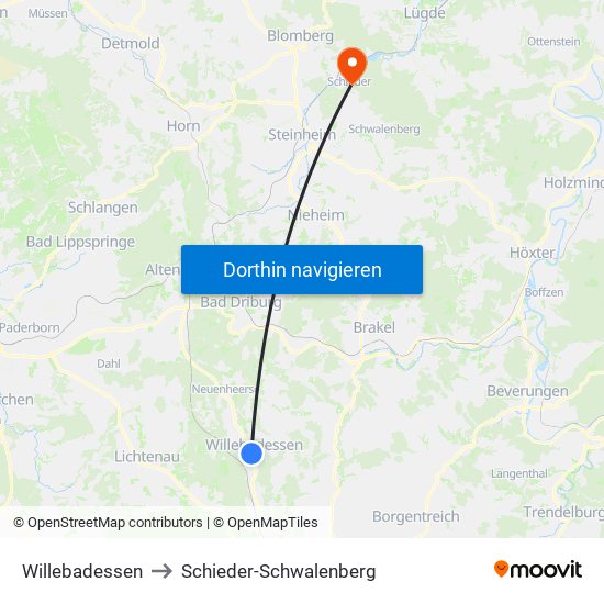 Willebadessen to Schieder-Schwalenberg map