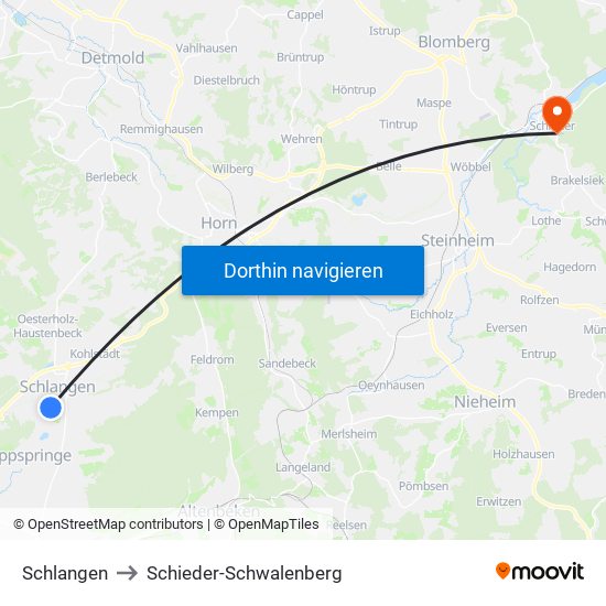 Schlangen to Schieder-Schwalenberg map