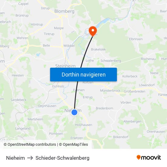 Nieheim to Schieder-Schwalenberg map