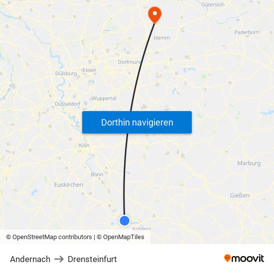 Andernach to Drensteinfurt map