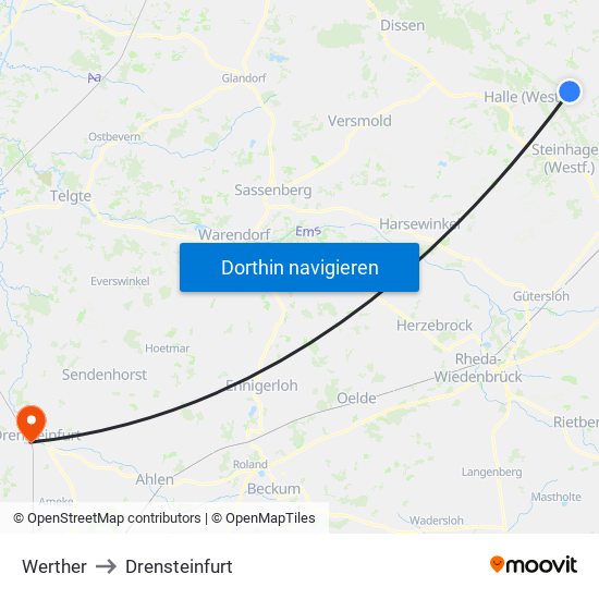 Werther to Drensteinfurt map