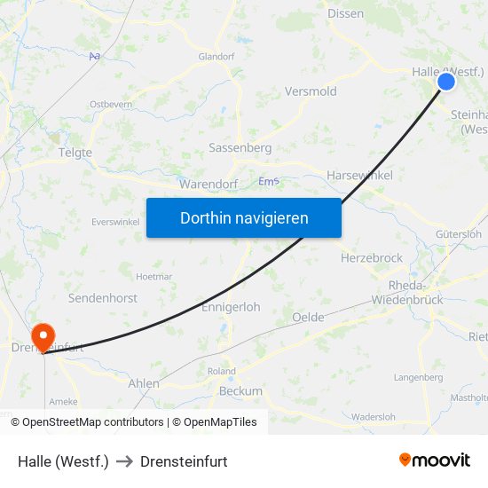 Halle (Westf.) to Drensteinfurt map