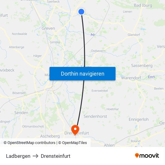 Ladbergen to Drensteinfurt map