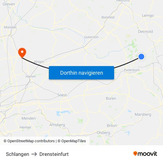 Schlangen to Drensteinfurt map