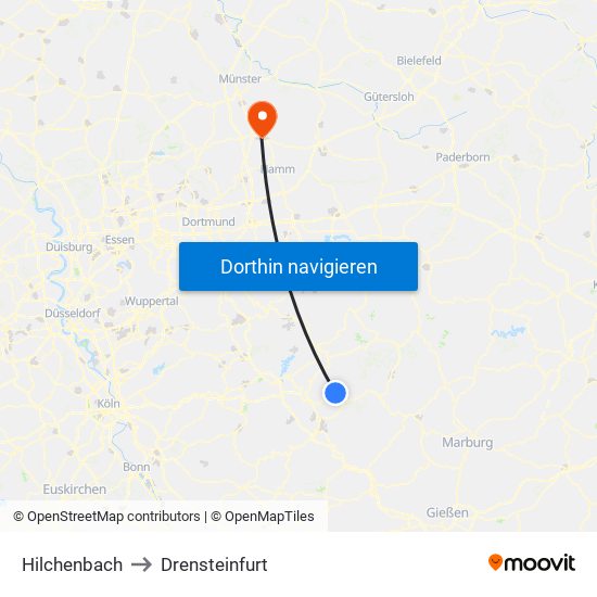 Hilchenbach to Drensteinfurt map