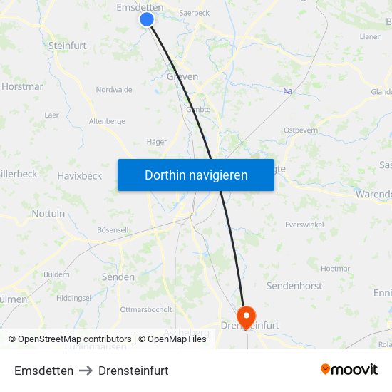 Emsdetten to Drensteinfurt map