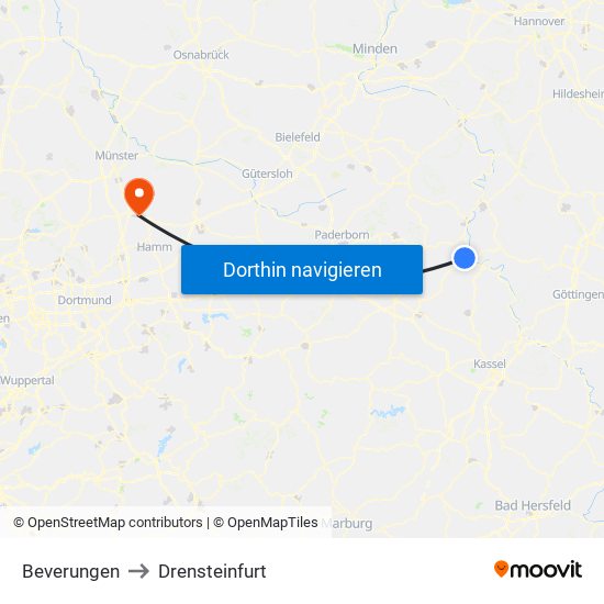 Beverungen to Drensteinfurt map