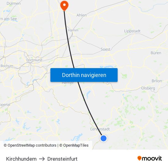 Kirchhundem to Drensteinfurt map