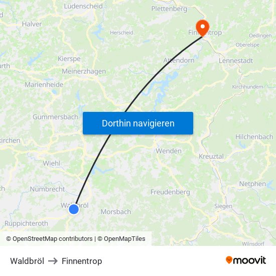 Waldbröl to Finnentrop map