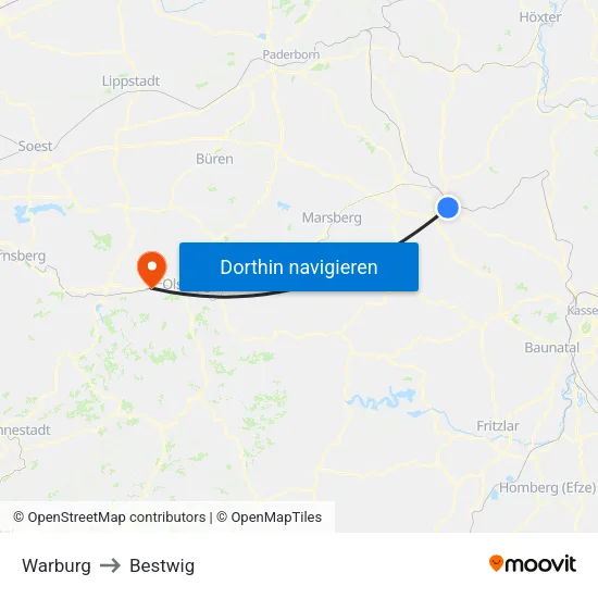 Warburg to Bestwig map