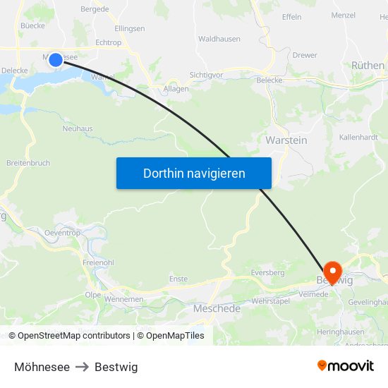 Möhnesee to Bestwig map