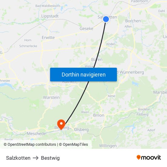 Salzkotten to Bestwig map
