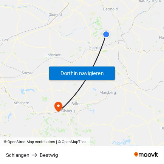 Schlangen to Bestwig map