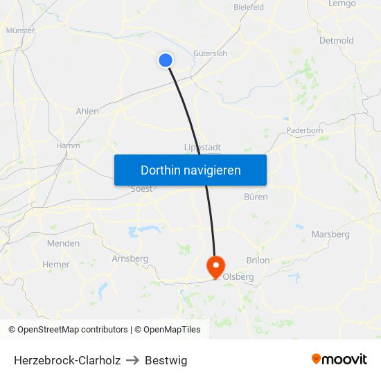 Herzebrock-Clarholz to Bestwig map