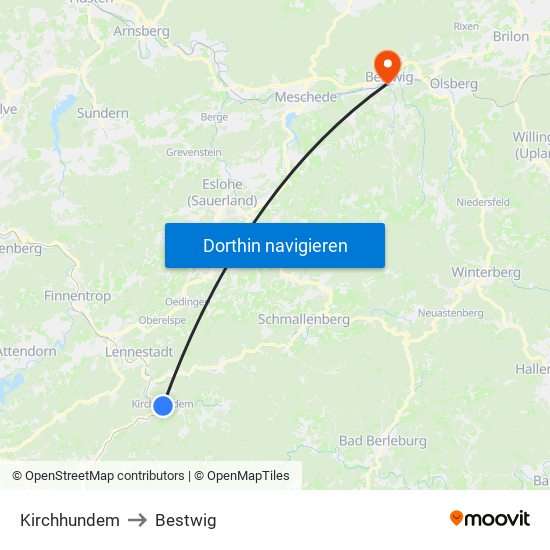 Kirchhundem to Bestwig map
