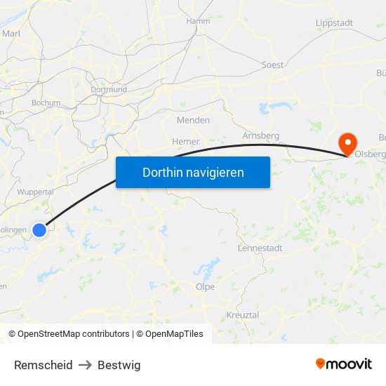Remscheid to Bestwig map