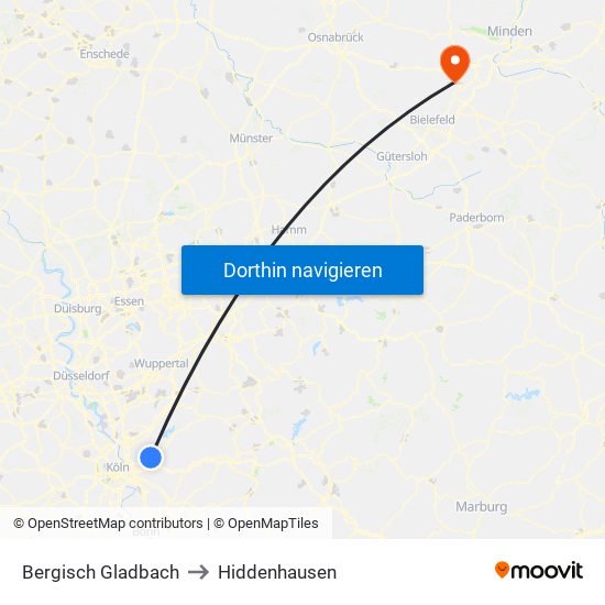 Bergisch Gladbach to Hiddenhausen map