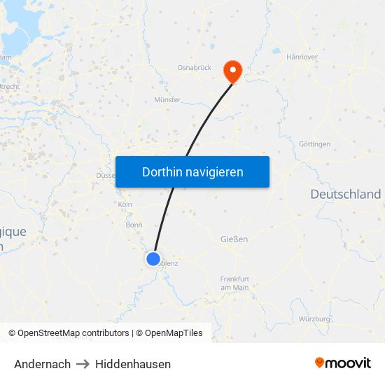 Andernach to Hiddenhausen map