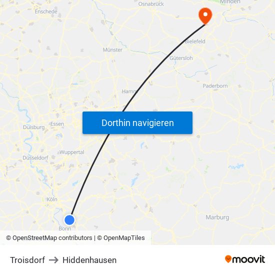 Troisdorf to Hiddenhausen map