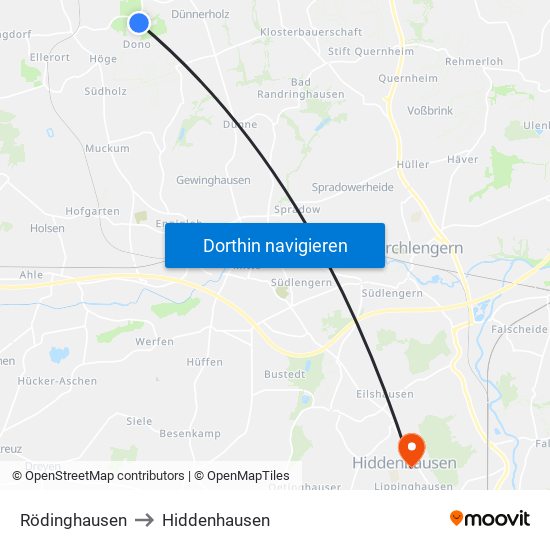 Rödinghausen to Hiddenhausen map