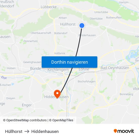 Hüllhorst to Hiddenhausen map