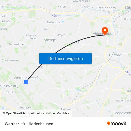 Werther to Hiddenhausen map