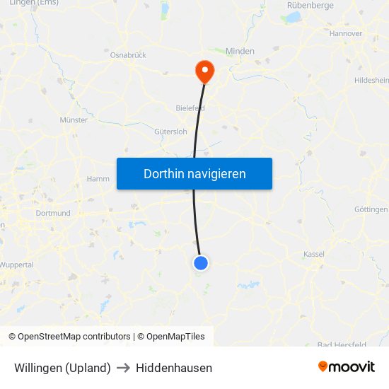 Willingen (Upland) to Hiddenhausen map