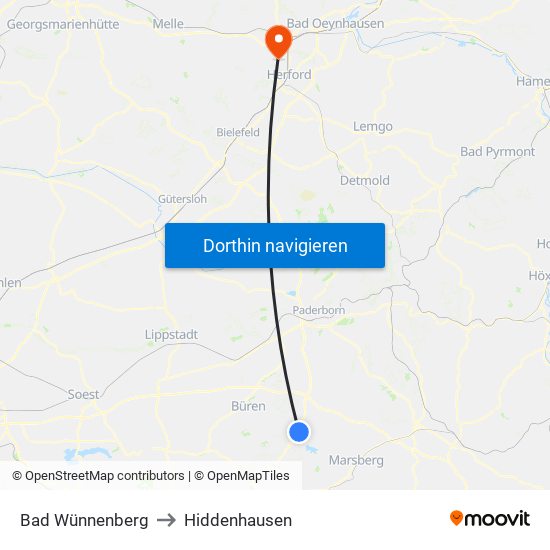 Bad Wünnenberg to Hiddenhausen map